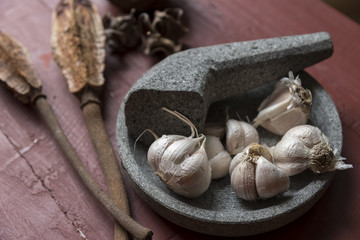 Molcajete - Granit Bowl and Pestle with garlic