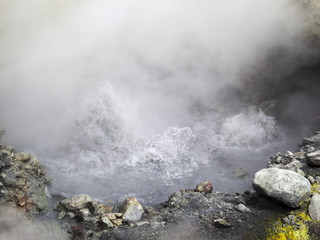 Boiling springs in the caldera of the volcano Mutnovsky. Kamchat