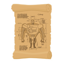 Old scheme of cyborg. Ancient scroll of human Scheme of  robot.