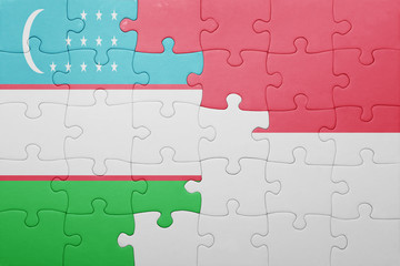 puzzle with the national flag of indonesia and uzbekistan