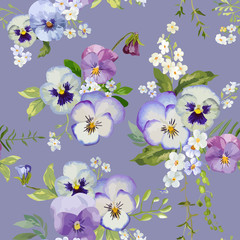 Fototapeta na wymiar Pansy Flowers Background - Seamless Floral Shabby Chic Pattern
