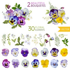 Vintage Pansy Flowers and Leaves - in Watercolor Style - obrazy, fototapety, plakaty