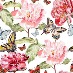 watercolor pattern with beautiful butterflies and peony flowers