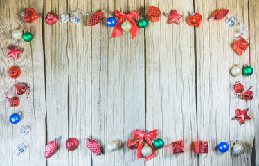 wood texture panel  around with christmas ornaments  for product display montage.