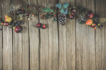empty Christmas decorated wooden table top Ready for product display montage.