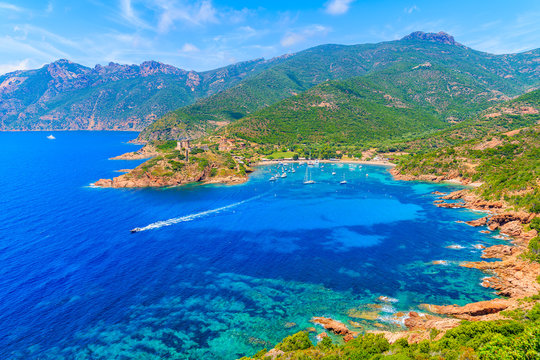 A view of beautiful Girolata bay with azure sea water, Corsica island, France