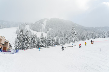 scenic view of small people play ski in snow mountain,Washington,USA.
