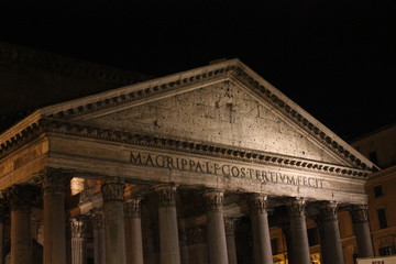 Fototapeta premium Pantheon pediment close up at night in Rome, Italy