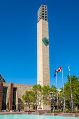 Clock tower and flags at Edmonton's City Hall