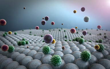 field of cells, macrophages attack the cells, viruses attack the cells, action of the human immune system