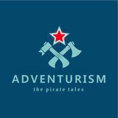 Adventure. Pirate stories. Adventurism. Vector logo. Axe, a star, a hammer.