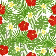 seamless tropical leaves and flowers - palm, monstera, hibiscus and plumeria