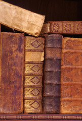 books historic on wooden shelf