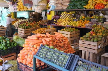 Fresh fruits and vegetables at a local outdoor farmers market in Puerto Vallarta, Mexico