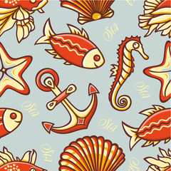 Beautiful sea seamless pattern.  Anchor, waves, shell, fish, starfish. Cheerful colorful style. Linear pattern on a white background. Line drawing festive. Vector drawing.