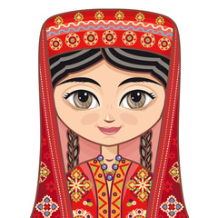 
 The girl in Tajik dress.  Historical clothes. Linear pattern on a white background.  Line drawing festive. Vector drawing. Portrait, avatar.