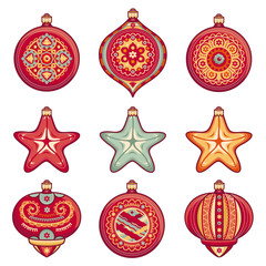 Christmas balls. Set of color Christmas toys. Holiday decorations. Template for design. Winter. White background. Isolated image. New Year decoration. Cut the paper. Eps.  Pattern toy.  