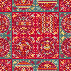 Seamless patchwork pattern. Ethnic geometric print. Wallpaper, pattern fills, web page background, surface textures. Wrapping. Festive packaging. Geometric carpet. Web tile. Oriental style.