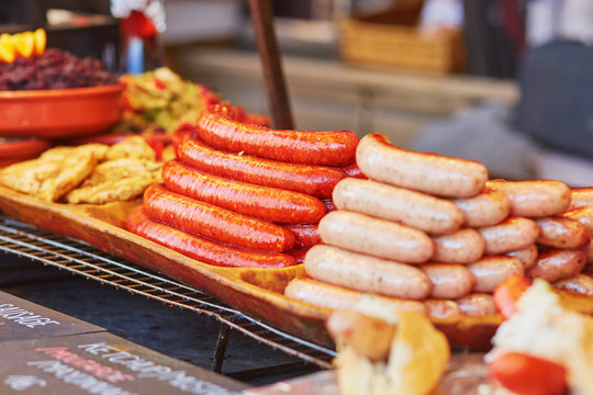 Baked sausages on Christmas market