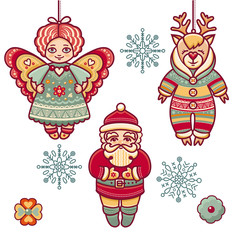 Angel, reindeer, Santa Claus, snowflake. Set of color Christmas toys. Holiday decorations. Template for design. White background. Isolated image. New Year decoration. Cut the paper. Pattern toy.  