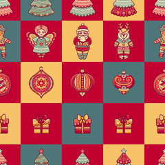 Seamless pattern. Christmas toy. Reindeer. Santa Claus. Gingerbread Man. Deer. Gift box. Ball. Christmas tree. Christmas hand drawn design elements. 