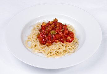 vegetable pasta with meatballs and tomato sauce