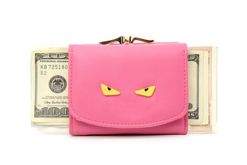 pink  purse with money isolated on white