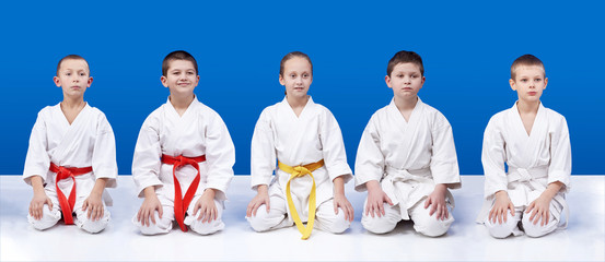 Five athletes in karate sit in positions of karate