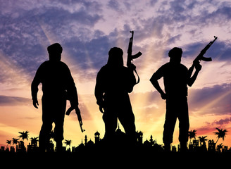 Silhouette of men with rifle standing during sunset