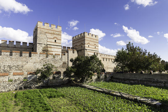 Ruins of ancient fortress wall of the Belgradkapi Belgrad Gate is a quarter in Zeytinburnu district of Istanbul in Turkey