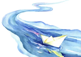 Fotobehang White paper boat floating in the water. Watercolor painting of the river and ship on a white background. © marvalens