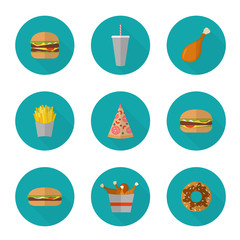 Fast food icon design. Flat icons of junk food isolated on white