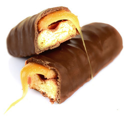 Tasty broken chocolate bars isolated on white background