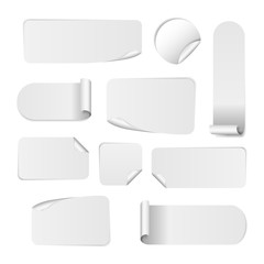 Set Of Blank white paper stickers isolated on white background. Vector 