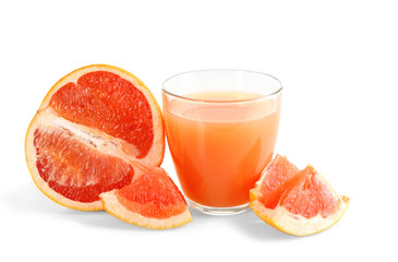 Citrus juice and fresh fruits isolated on white