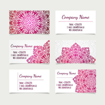 set of retro business card templates with indian mandala
