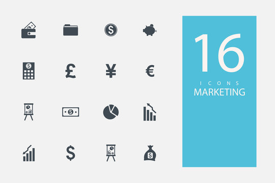 collection of icons in style flat gray color on topic marketing