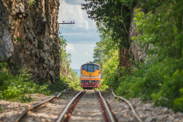 Fototapeta premium Train runs through a narrow gorge in the valley.