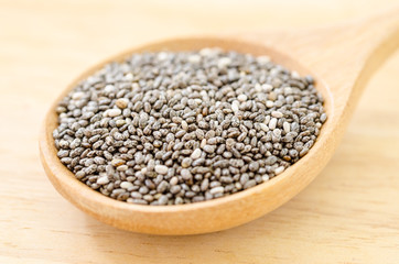 Chia seed in wooden spoon.