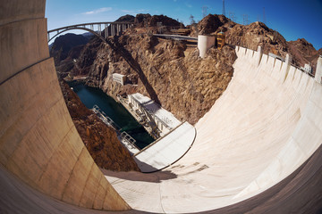 Fisheye view of Hoover Dam. Hoover Dam in the Black Canyon of the Colorado River, between the US states of Arizona and Nevada. Downstream from the Hoover Dam. Wide Angle Panorama of Hoover Dam