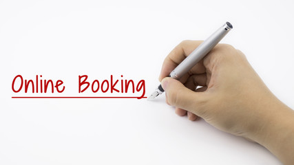 Woman Hand writing Online Booking on white background