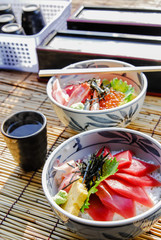 Japanese food, raw fishes, called sashimi, on the rice