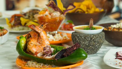 Exotic and elegant seafood dishes on a table