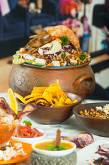 Delicious decorated seafood plates on a table