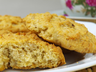 oat cookies on dish, macro, shallow depth of field