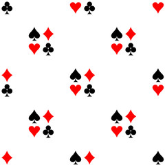 Seamless vector pattern. Symmetrical background with red and black icons of game cards, on the white backdrop