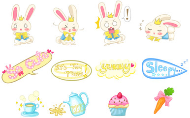 Cartoon bunny rabbit in action and tea shop food bakery cafe icon restaurant with decorated stylish text set, create by vector