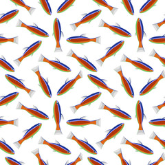 Seamless vector chaotic pattern with colorful fishes, on the white background