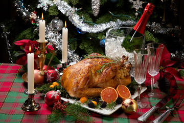 Fototapeta na wymiar Christmas Turkey Dinner with Champagne