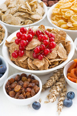 assortment of different breakfast cereal, dried fruit 